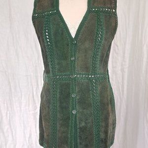 1970s Leather crochet Sweater Vest w knit seventies patchwork and buttons